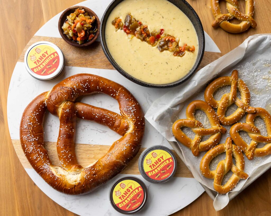pretzels and cheese dip with foraged collection seasonings