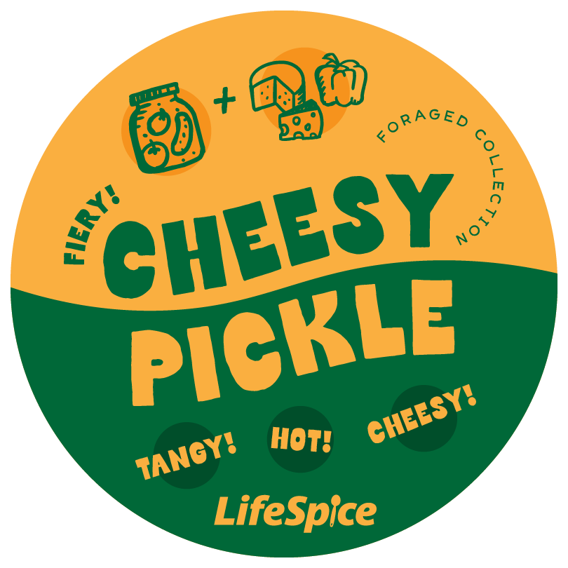 fiery cheesy pickle foraged collection label