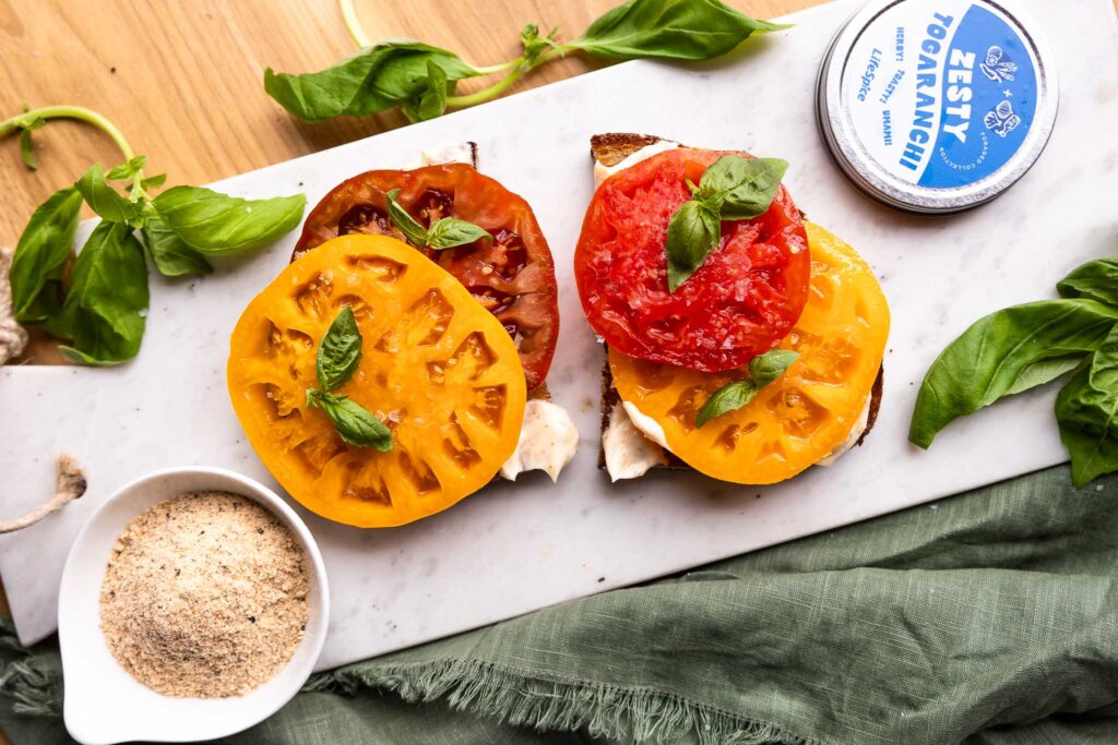 Tomato toast on a cutting board