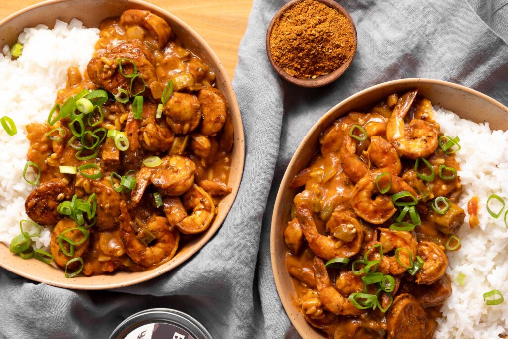 Bowls of gumbo and rice