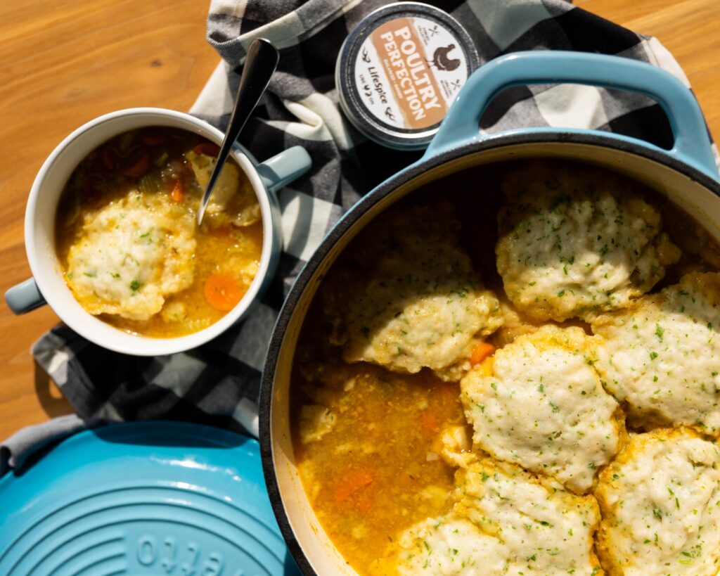 chicken and dumpling stew on a table